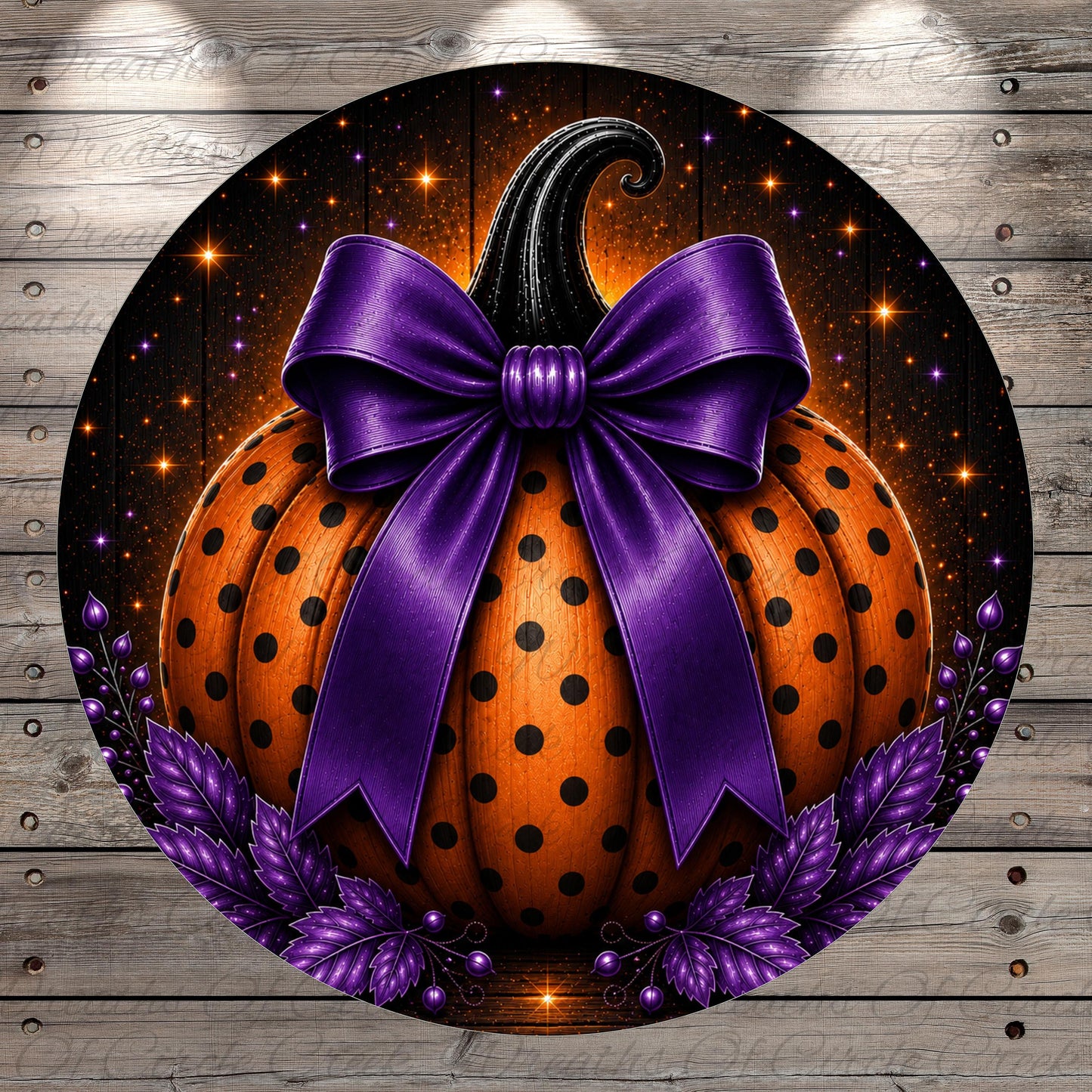 A large, orange pumpkin with black polka dots and a purple bow is displayed against a dark background with twinkling stars.