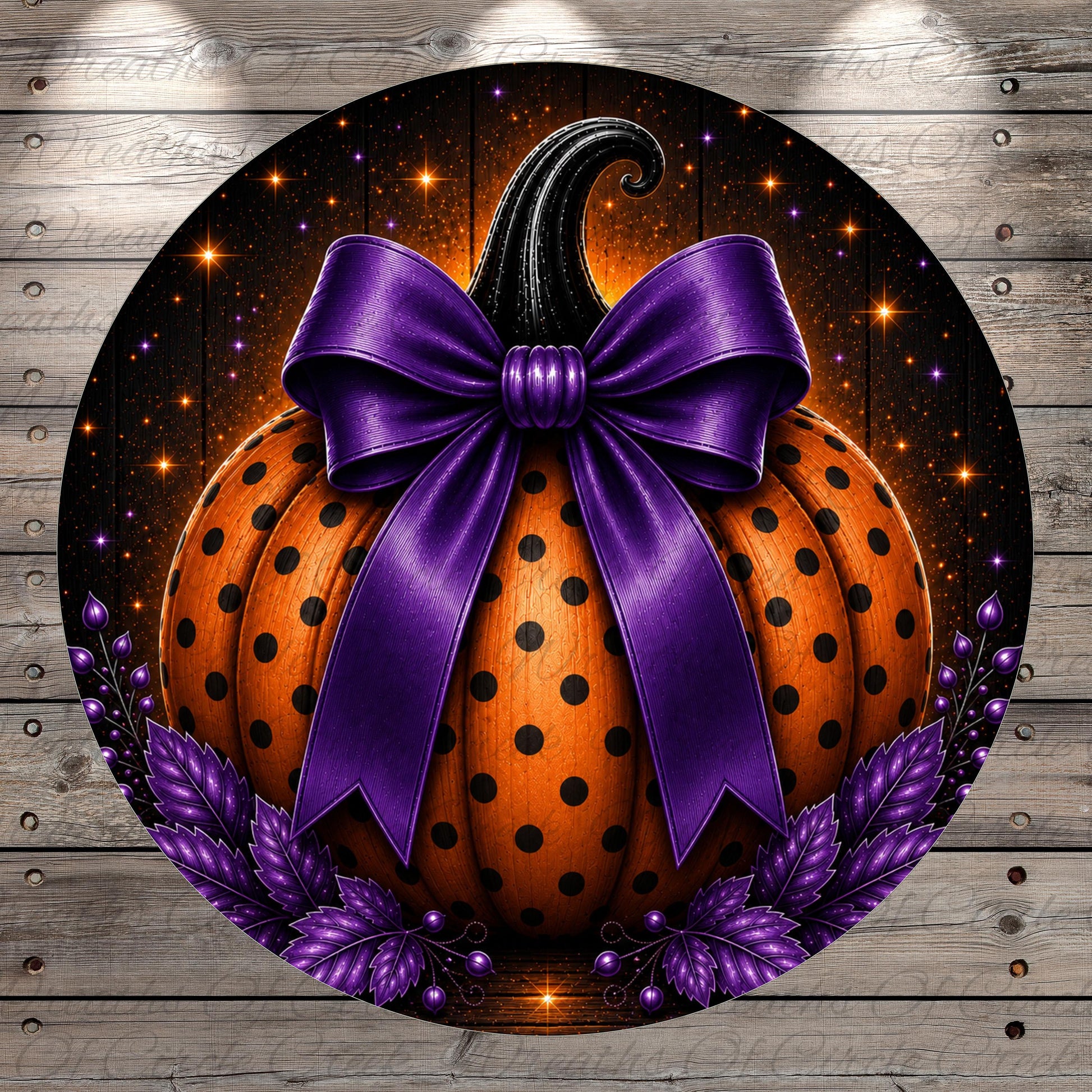 A large, orange pumpkin with black polka dots and a purple bow is displayed against a dark background with twinkling stars.