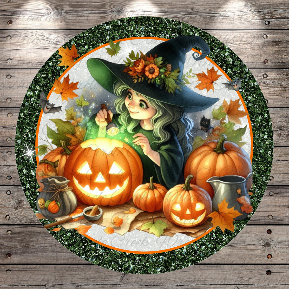 A young girl dressed as a witch is surrounded by jack-o-lanterns, pumpkins, and autumn leaves, creating a festive Halloween scene.