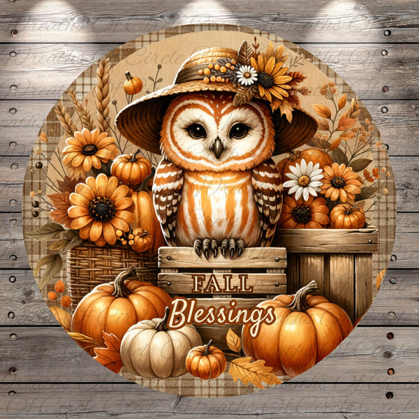 A round, wooden sign with an owl wearing a hat and surrounded by autumn-themed elements such as pumpkins, flowers, and leaves.