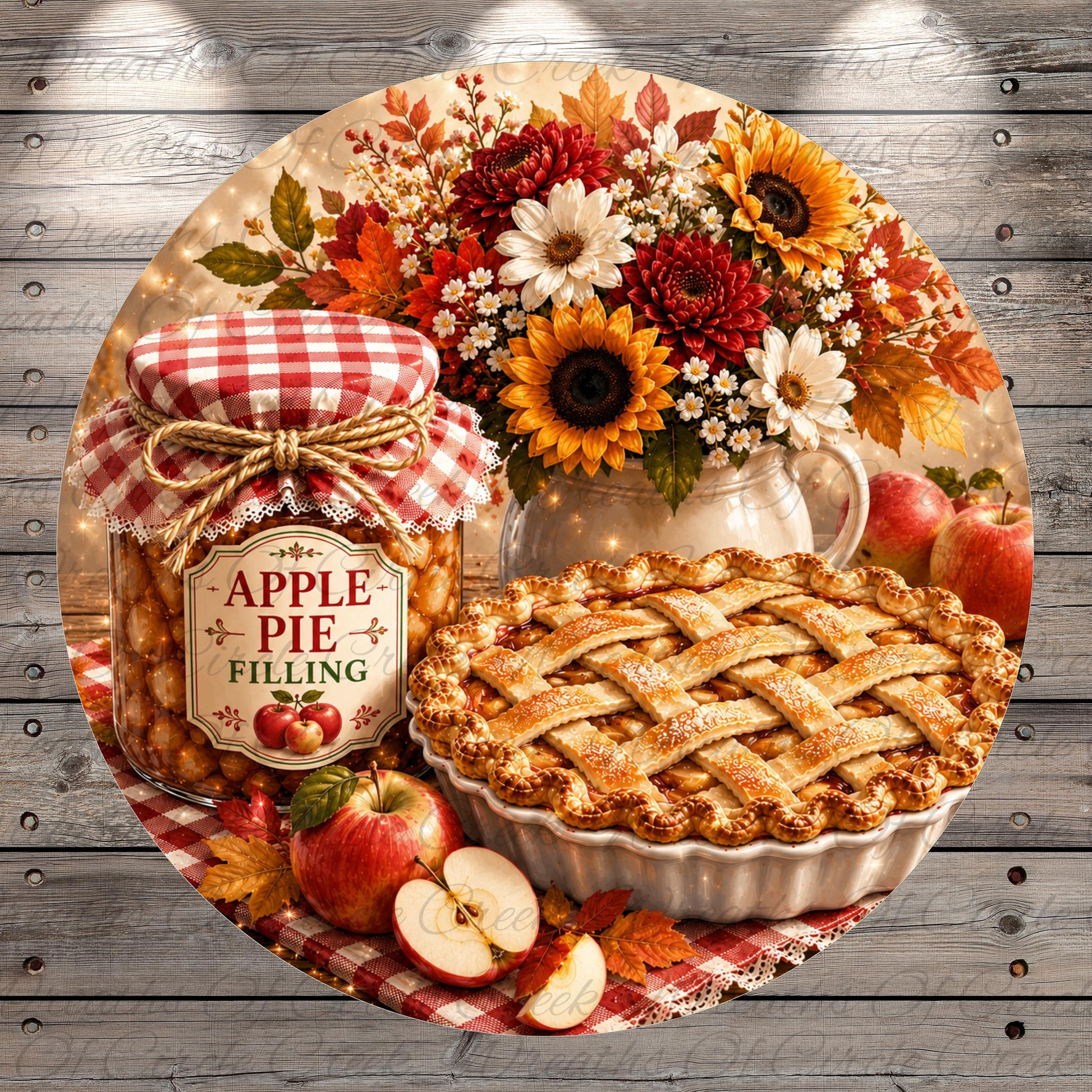 A round wooden table displays a variety of fall-themed items, including a jar of apple pie filling, a vase of sunflowers, apples, and a red and white checkered jar.