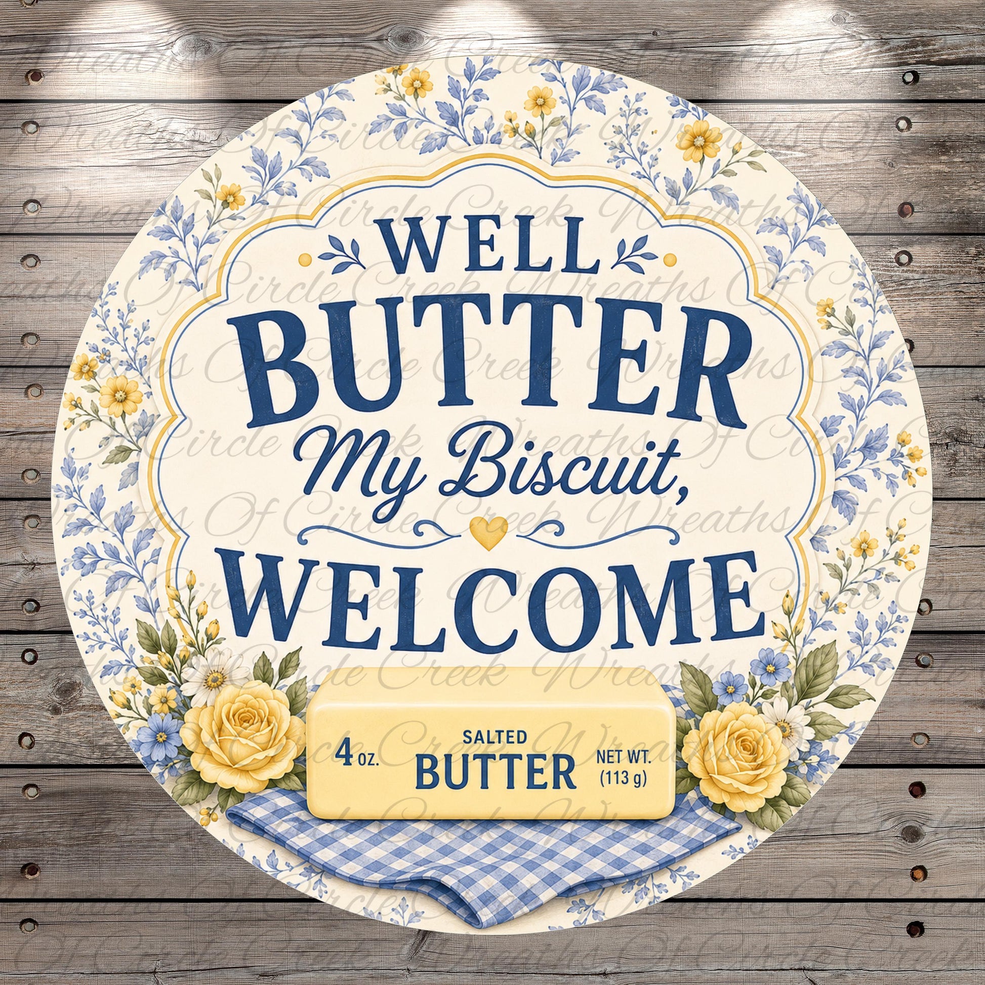 a round label with a floral design and text, including a welcome message and a description of the product.