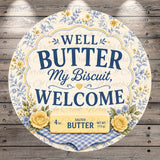 a round label with a floral design and text, including a welcome message and a description of the product.