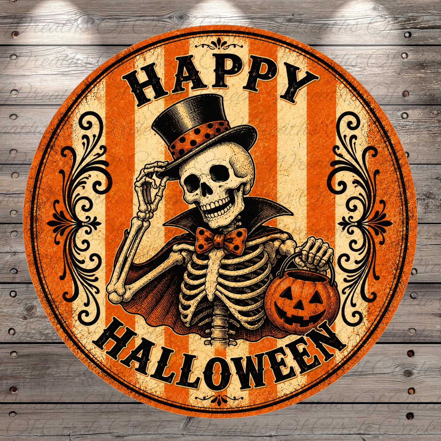 A Halloween-themed circular sign featuring a skeleton wearing a top hat and holding a carved pumpkin.