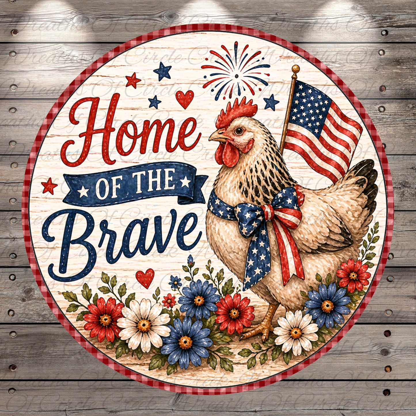 a patriotic design with a rooster holding an American flag, surrounded by flowers and a banner that reads "Home of the Brave".