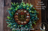 A wreath made of green leaves and a circular ornament with the text "12 DAYS OF CHRISTMAS" displayed on it, placed on a wooden surface.