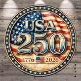 a circular emblem with the text "USA 250" and the year "1776" and "2026" below it, surrounded by an American flag design.