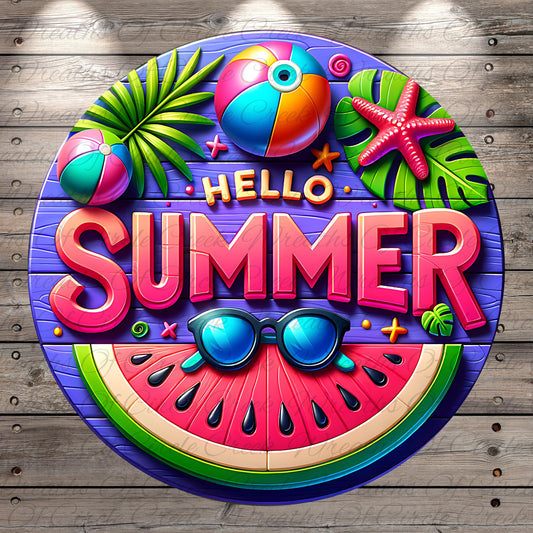 A vibrant and colorful illustration featuring the word "SUMMER" surrounded by various summer-themed objects such as a beach ball, palm leaves, a watermelon slice, and sunglasses.