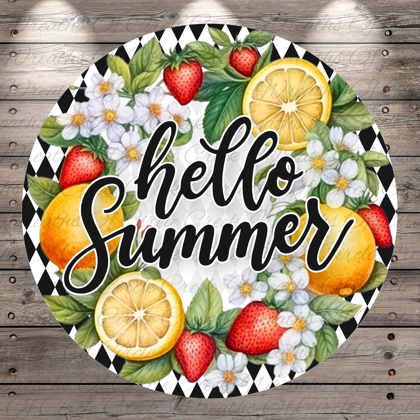 A circular design with a black and white checkered pattern, surrounded by various fruits such as strawberries, oranges, and lemons, along with the text "Hello Summer" written in a decorative font.