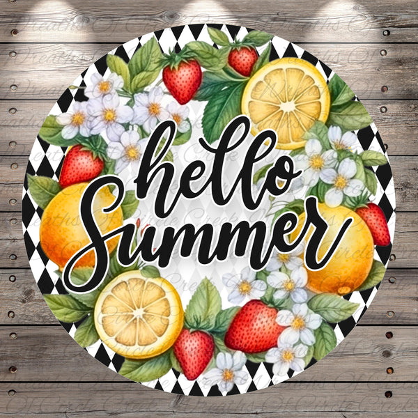 A circular design with a black and white checkered pattern, surrounded by various fruits such as strawberries, oranges, and lemons, along with the text "Hello Summer" written in a decorative font.