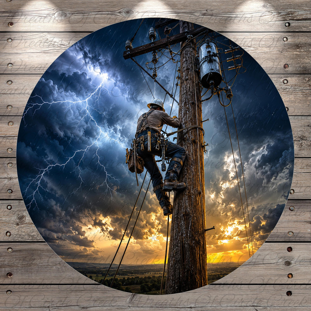 A man is climbing a wooden utility pole during a stormy evening, with dramatic lightning and a colorful sunset in the background.