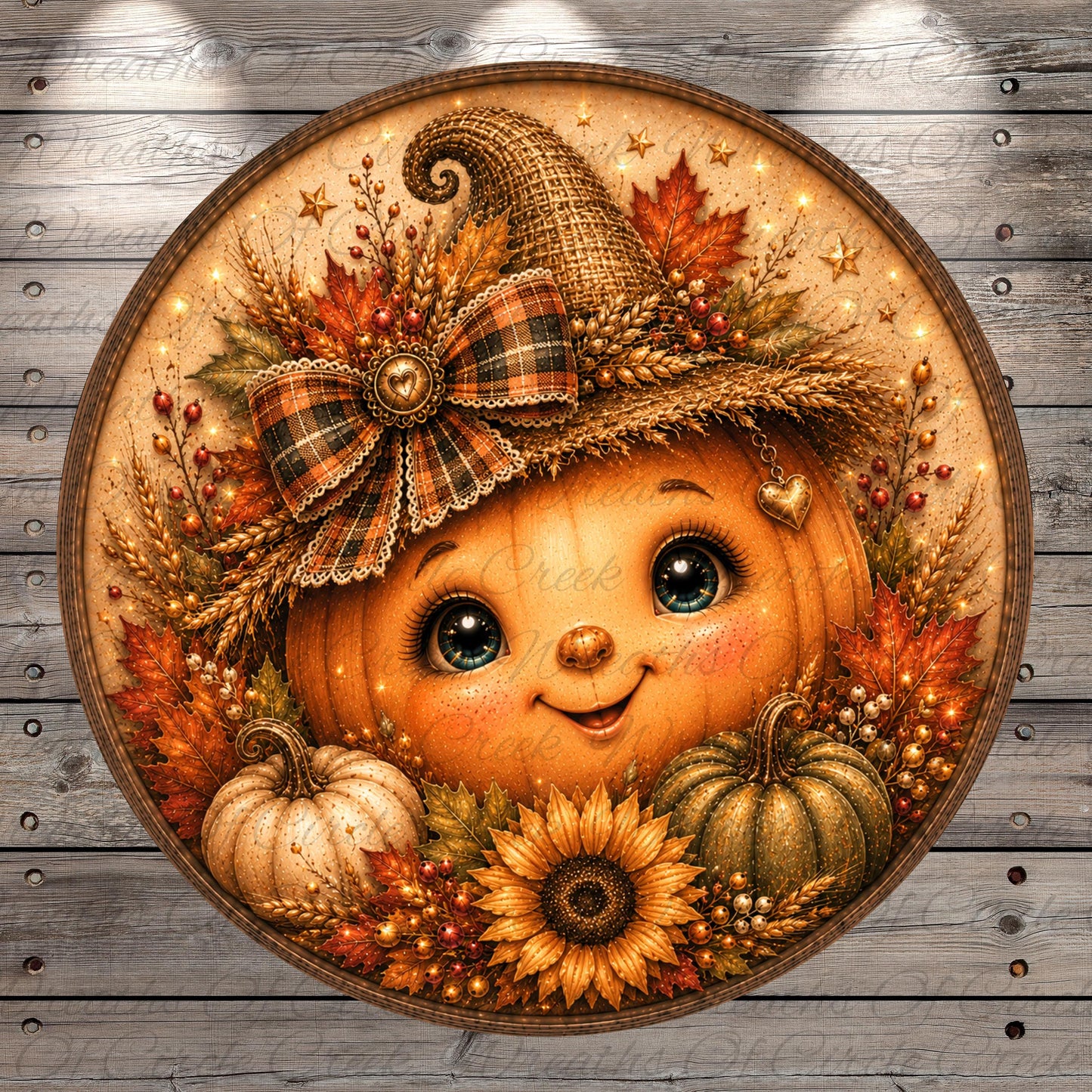 A whimsical, hand-painted pumpkin face with a bow and a smiling expression, surrounded by autumn-themed elements such as leaves, flowers, and pumpkins.