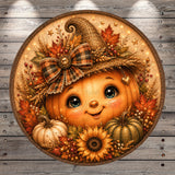 A whimsical, hand-painted pumpkin face with a bow and a smiling expression, surrounded by autumn-themed elements such as leaves, flowers, and pumpkins.
