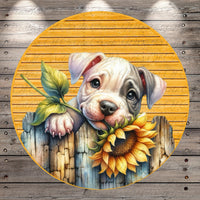 Welcome Pitbull Puppy with Sunflower Sign | Lightweight Metal Wreath Sign | Cute Dog Porch Decor | No Holes in Sign