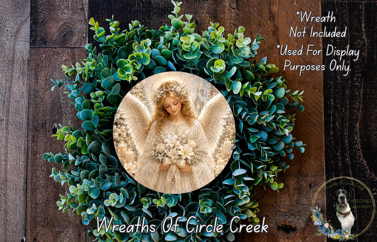 a wreath with a central image of an angel holding flowers, surrounded by a lush green wreath.