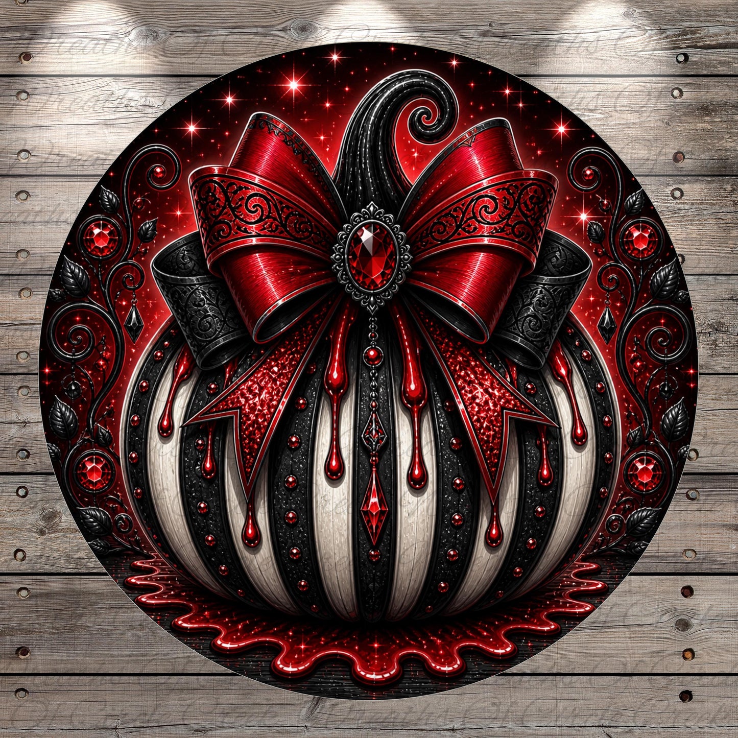 a large, ornate, and intricately designed pumpkin with a red bow and various decorative elements, including red and black stripes, glitter, and gemstones.
