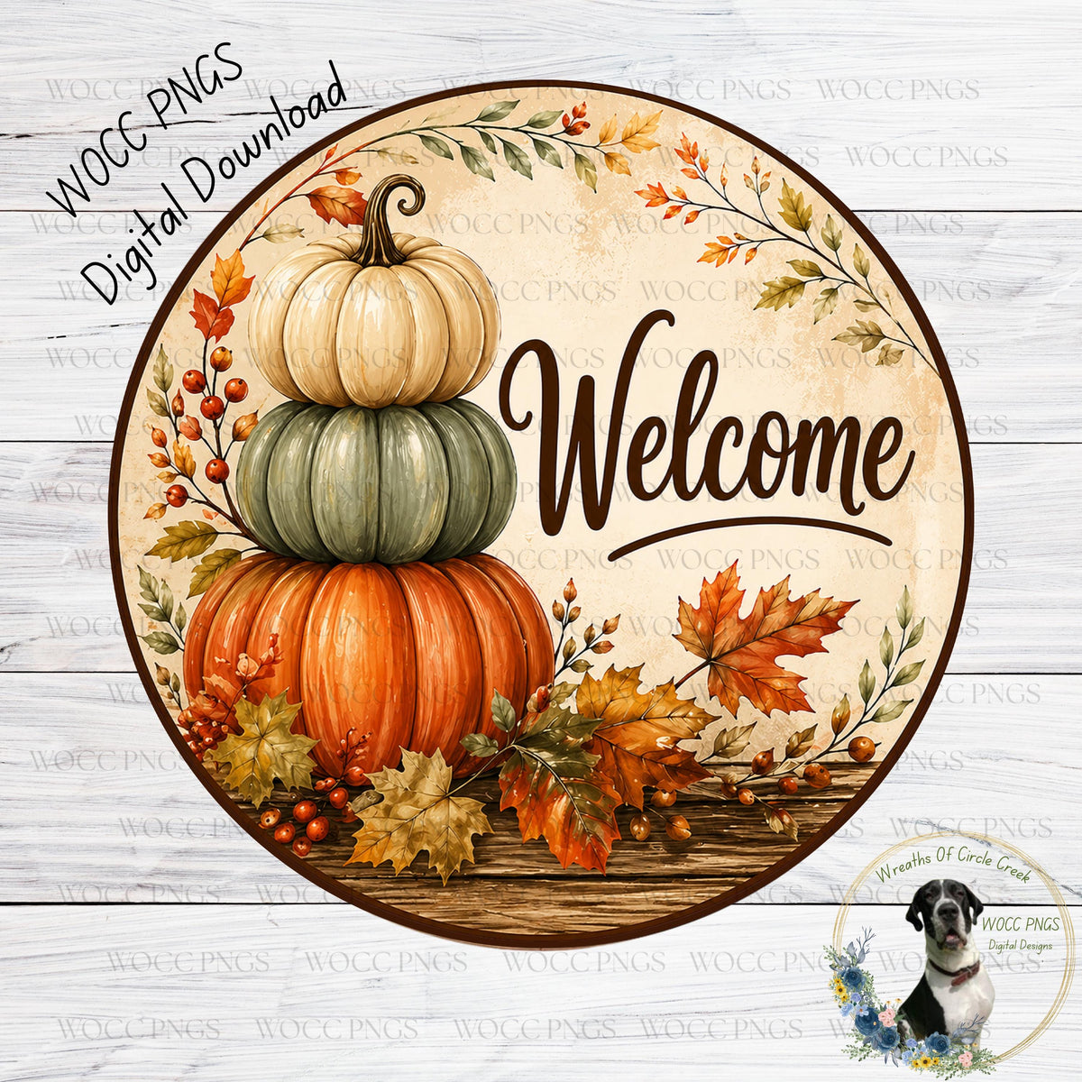 a circular welcome sign with a stack of three pumpkins and autumn leaves surrounding it. The pumpkins are painted in various colors, including orange, green, and white, and the leaves are depicted in shades of orange, yellow, and brown. The sign is set against a wooden background, and the phrase "Welcome" is prominently displayed in the center.