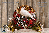 A white bird perches on a wreath adorned with red berries, gold ornaments, and a checkered ribbon, set against a backdrop of twinkling lights.