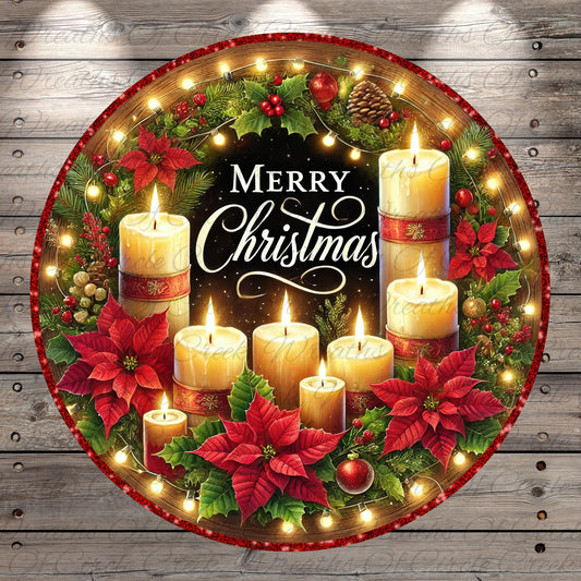 A festive Christmas wreath with lit candles, poinsettias, and other holiday decorations. The wreath is surrounded by a border of lights, creating a warm and inviting atmosphere. The text "Merry Christmas" is prominently displayed in the center of the wreath.
