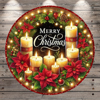 A festive Christmas wreath with lit candles, poinsettias, and other holiday decorations. The wreath is surrounded by a border of lights, creating a warm and inviting atmosphere. The text "Merry Christmas" is prominently displayed in the center of the wreath.