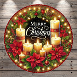A festive Christmas wreath with lit candles, poinsettias, and other holiday decorations. The wreath is surrounded by a border of lights, creating a warm and inviting atmosphere. The text "Merry Christmas" is prominently displayed in the center of the wreath.