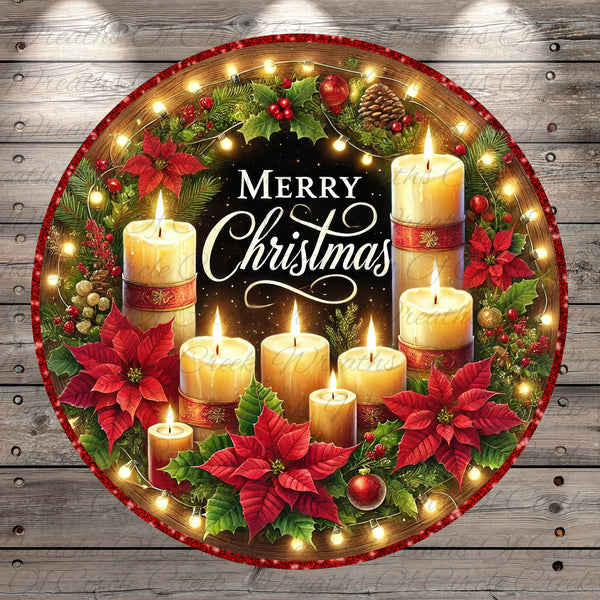 A festive Christmas wreath with lit candles, poinsettias, and other holiday decorations. The wreath is surrounded by a border of lights, creating a warm and inviting atmosphere. The text "Merry Christmas" is prominently displayed in the center of the wreath.