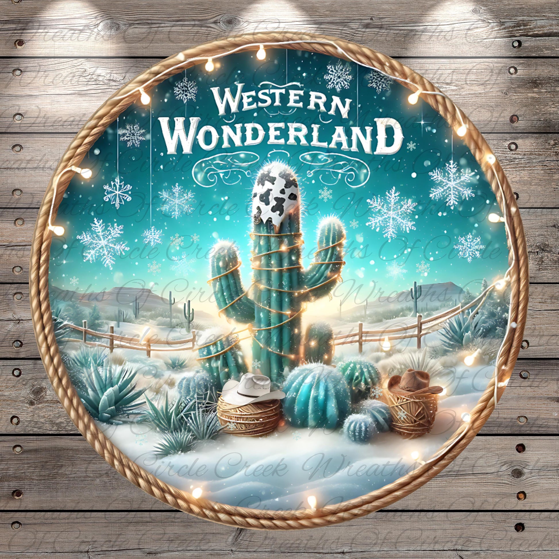 A decorative plate with a cactus surrounded by snow and twinkling lights, set against a snowy landscape with mountains in the background.