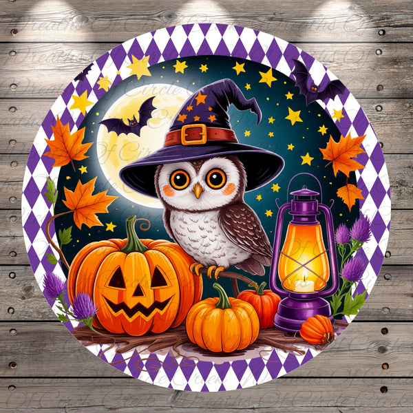 A whimsical illustration of a witch owl wearing a black hat and sitting on a carved pumpkin, surrounded by a lantern, pumpkins, and autumn leaves, all set against a starry night sky.