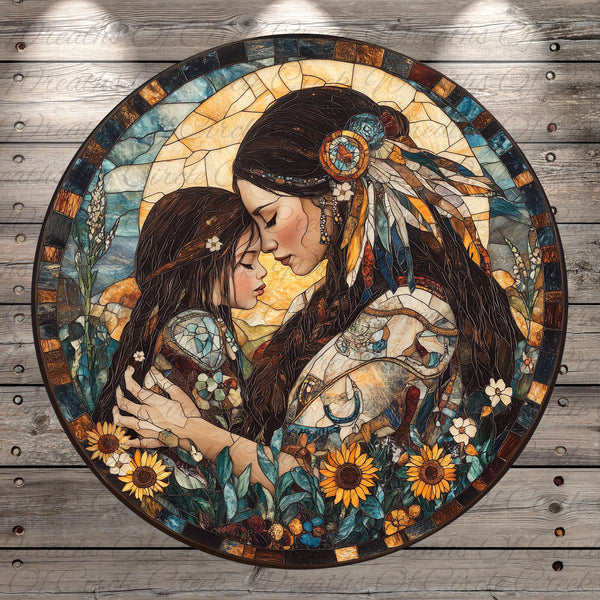 A circular stained glass artwork depicting a woman and a child embracing, surrounded by flowers and plants.