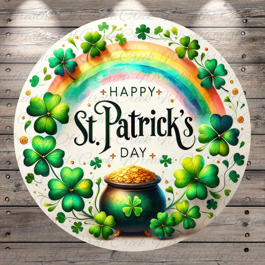 A circular graphic with a pot of gold coins, a rainbow, and clovers surrounding the text "Happy St. Patrick's Day".