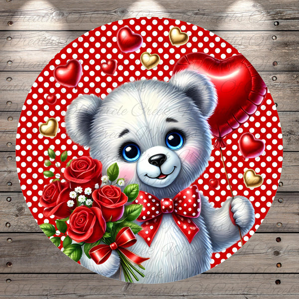 A cute white teddy bear holding a bouquet of red roses and a red heart-shaped balloon, surrounded by red hearts and gold hearts against a red and white polka dot background.