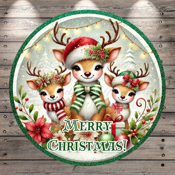 A festive Christmas-themed image featuring three adorable deer wearing Santa hats and scarves, surrounded by holiday decorations such as flowers and lights. The text "Merry Christmas!" is displayed in the center of the image.