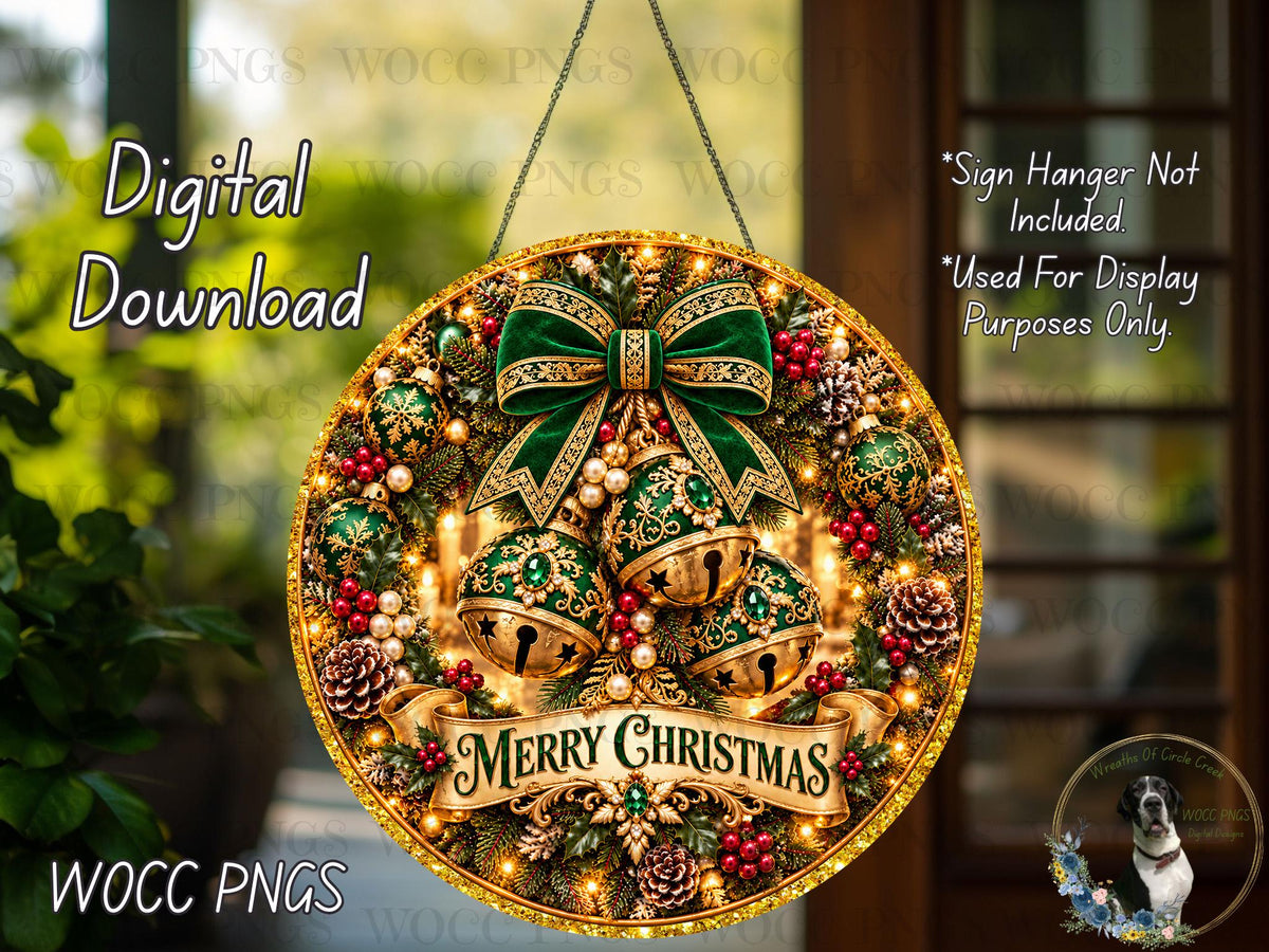 The image is a digital download of a Christmas wreath with bells and a ribbon, hanging on a wall.