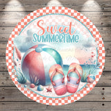 a round, decorative border with a beach-themed design. The border is surrounded by a checkered pattern and includes a beach ball, flip flops, and other summer-related elements. The text "Sweet Summertime" is prominently displayed in the center of the border.