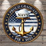 A circular emblem with a navy hat and an anchor, surrounded by stars and stripes, with the text "Proud Graduate NAVY" and "PIR 2025" displayed.