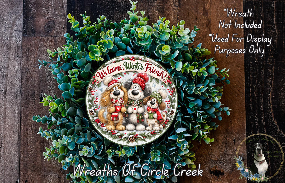 A wreath made of green leaves and flowers, with a circular design featuring three cartoon dogs wearing winter hats and scarves. The wreath is displayed on a wooden surface, and there is text in the image that reads "Welcome Winter Friends!" and "Wreaths of Circle Creek".