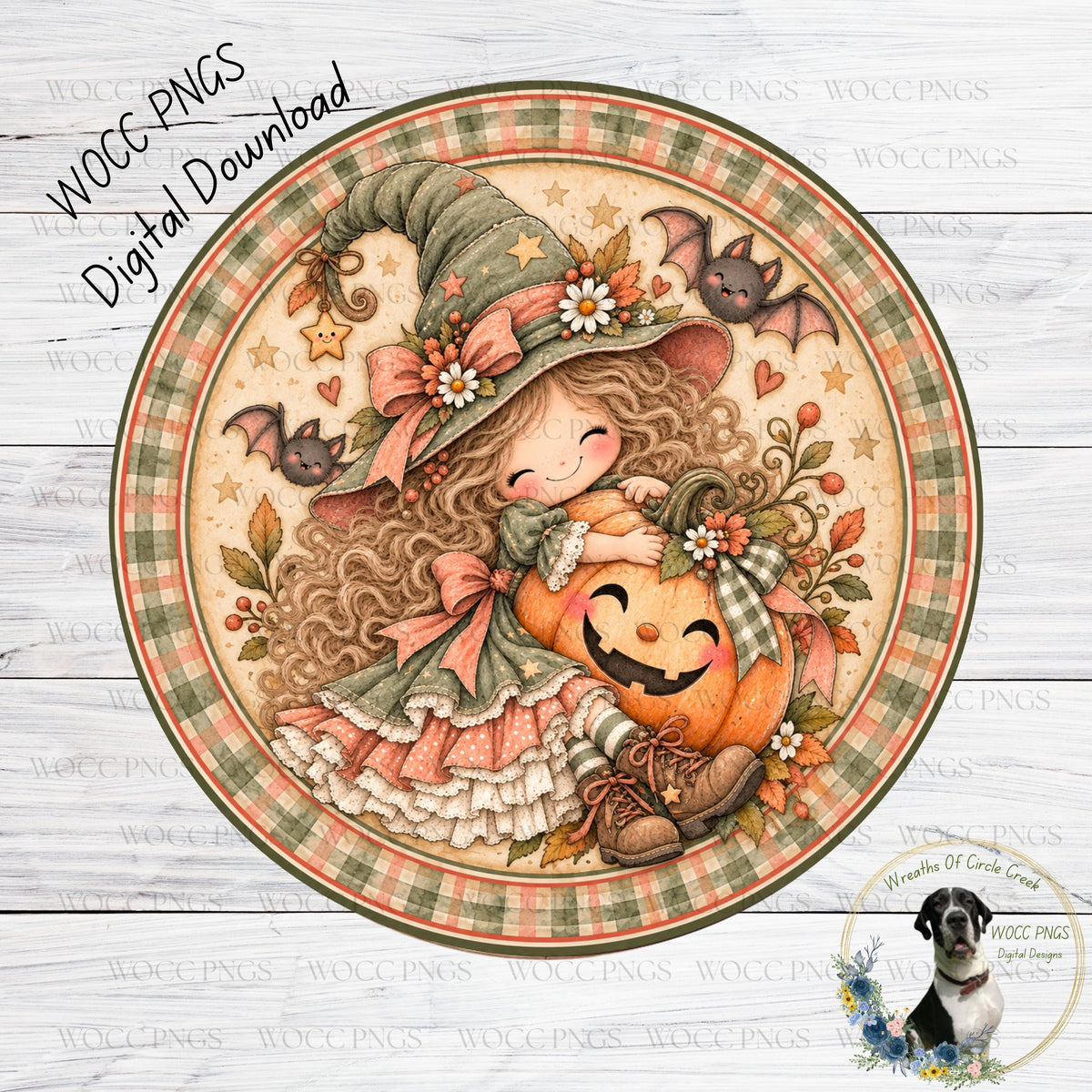 A whimsical illustration depicting a young girl in a witch's hat hugging a carved pumpkin, surrounded by bats, flowers, and autumn leaves.