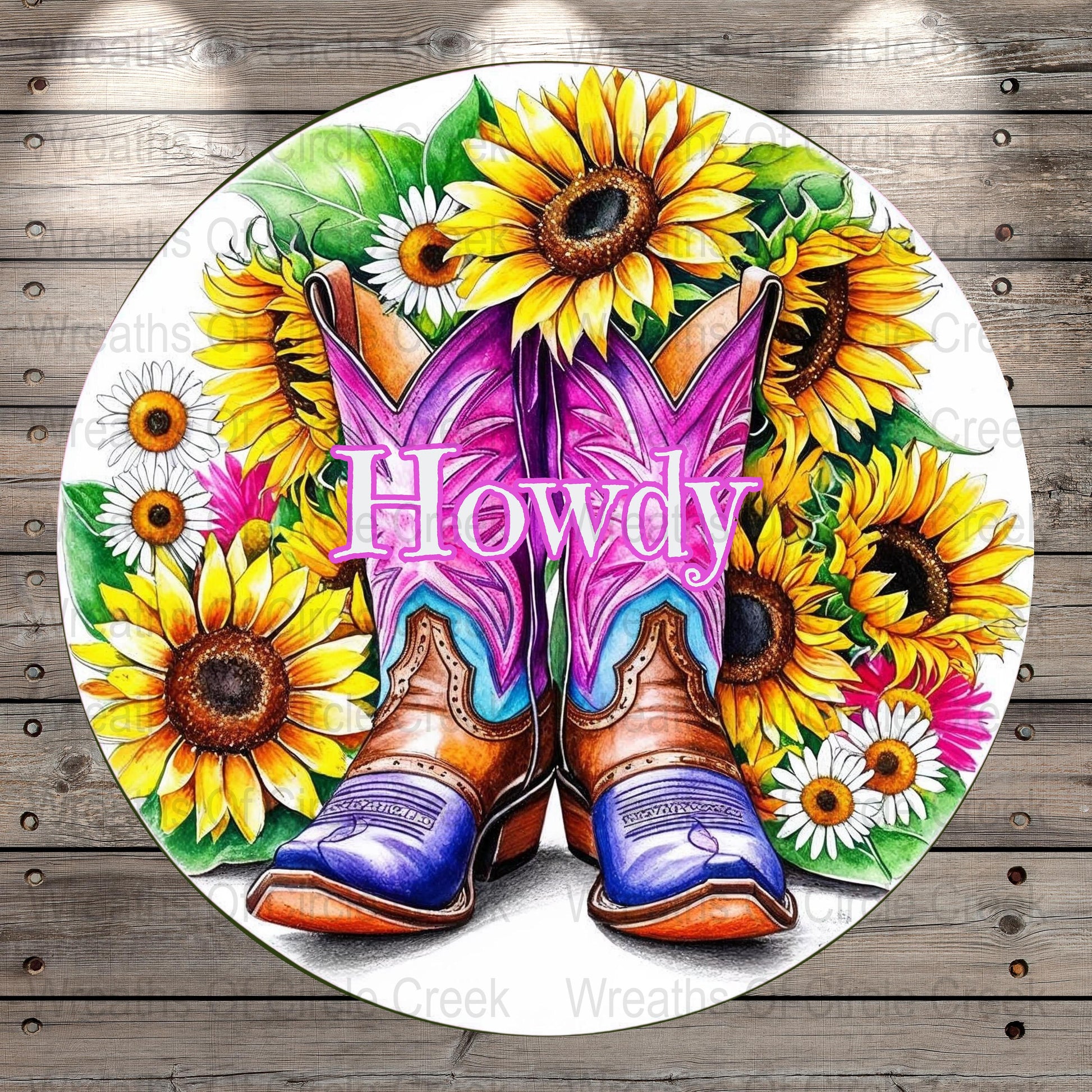 Rustic Western Cowboy Boots Sunflower Wreath Sign, Colorful Howdy Floral Decor, Farmhouse Style Front Door Accessory