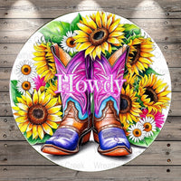 Rustic Western Cowboy Boots Sunflower Wreath Sign, Colorful Howdy Floral Decor, Farmhouse Style Front Door Accessory