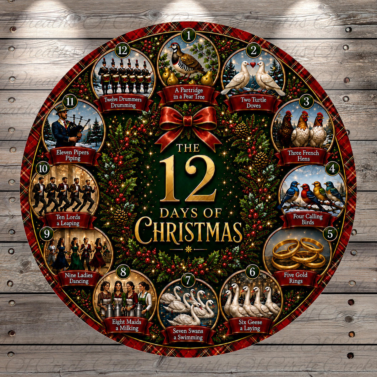 The image is a circular collage of 12 Christmas-themed images, each depicting a different holiday or tradition. The images include people dancing, birds, animals, and various holiday symbols such as a wreath, a Christmas tree, and a golden ring. The collage is set against a red and gold background with a festive wreath and ribbons, creating a visually appealing and festive display.