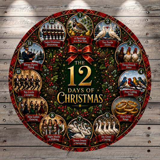 The image is a circular collage of 12 Christmas-themed images, each depicting a different holiday or tradition. The images include people dancing, birds, animals, and various holiday symbols such as a wreath, a Christmas tree, and a golden ring. The collage is set against a red and gold background with a festive wreath and ribbons, creating a visually appealing and festive display.