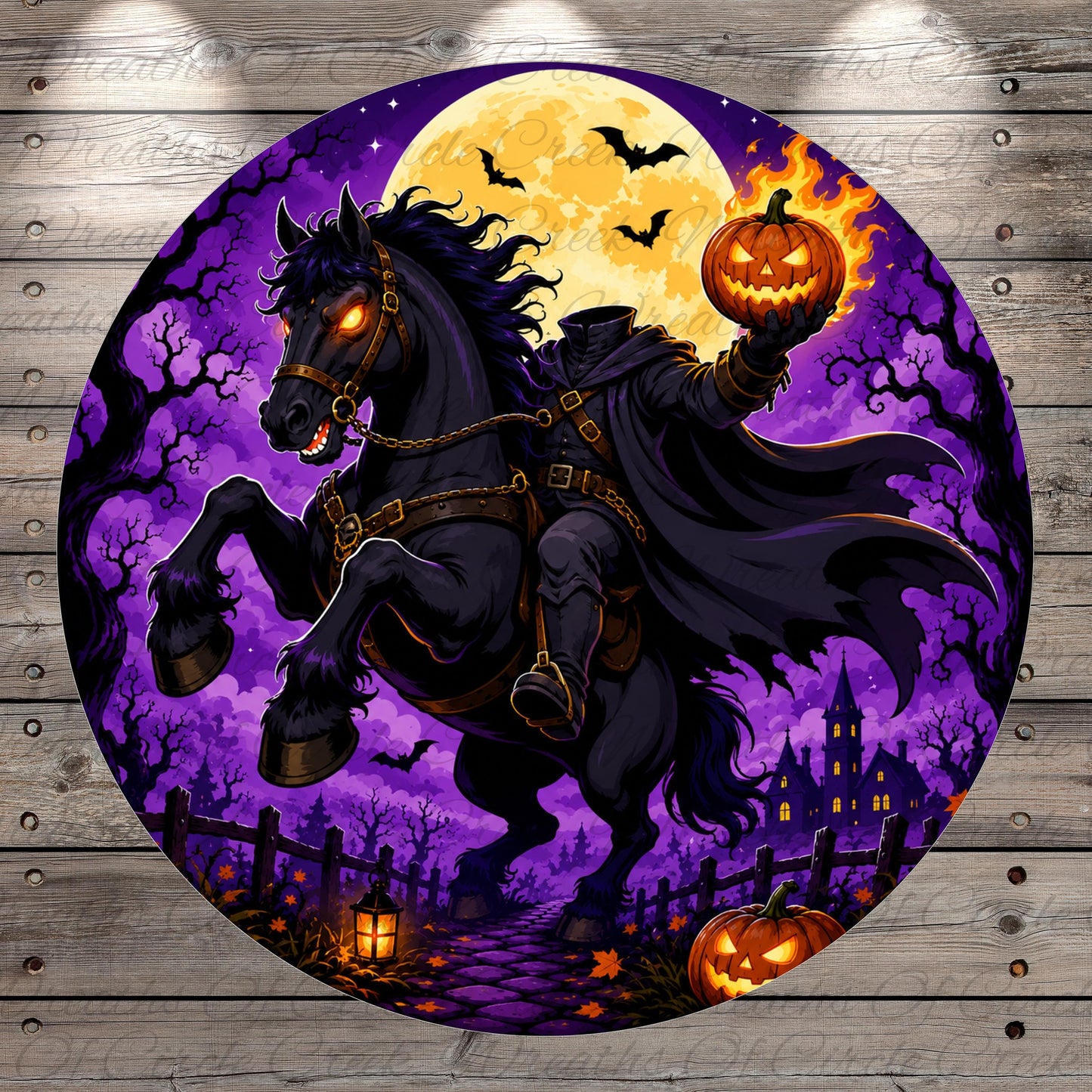 A spooky illustration depicting a dark horse with glowing eyes, holding a jack-o-lantern and a bat, against a backdrop of a full moon, bats, and a castle.