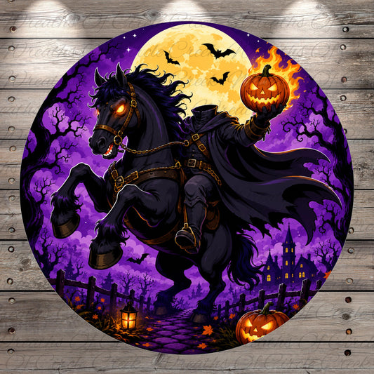 A spooky illustration depicting a dark horse with glowing eyes, holding a jack-o-lantern and a bat, against a backdrop of a full moon, bats, and a castle.