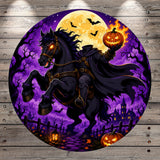 A spooky illustration depicting a dark horse with glowing eyes, holding a jack-o-lantern and a bat, against a backdrop of a full moon, bats, and a castle.