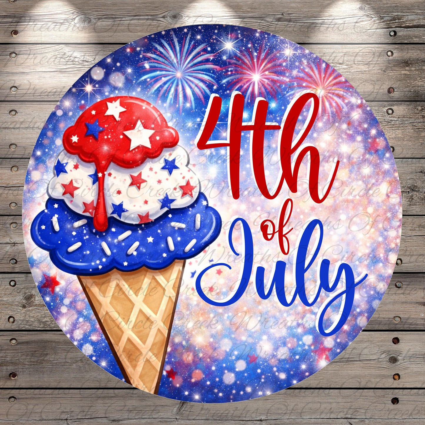 A circular design featuring a large ice cream cone with a red, white, and blue scoop, surrounded by fireworks and a celebratory text overlay.