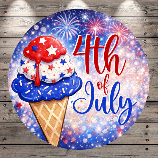 A circular design featuring a large ice cream cone with a red, white, and blue scoop, surrounded by fireworks and a celebratory text overlay.