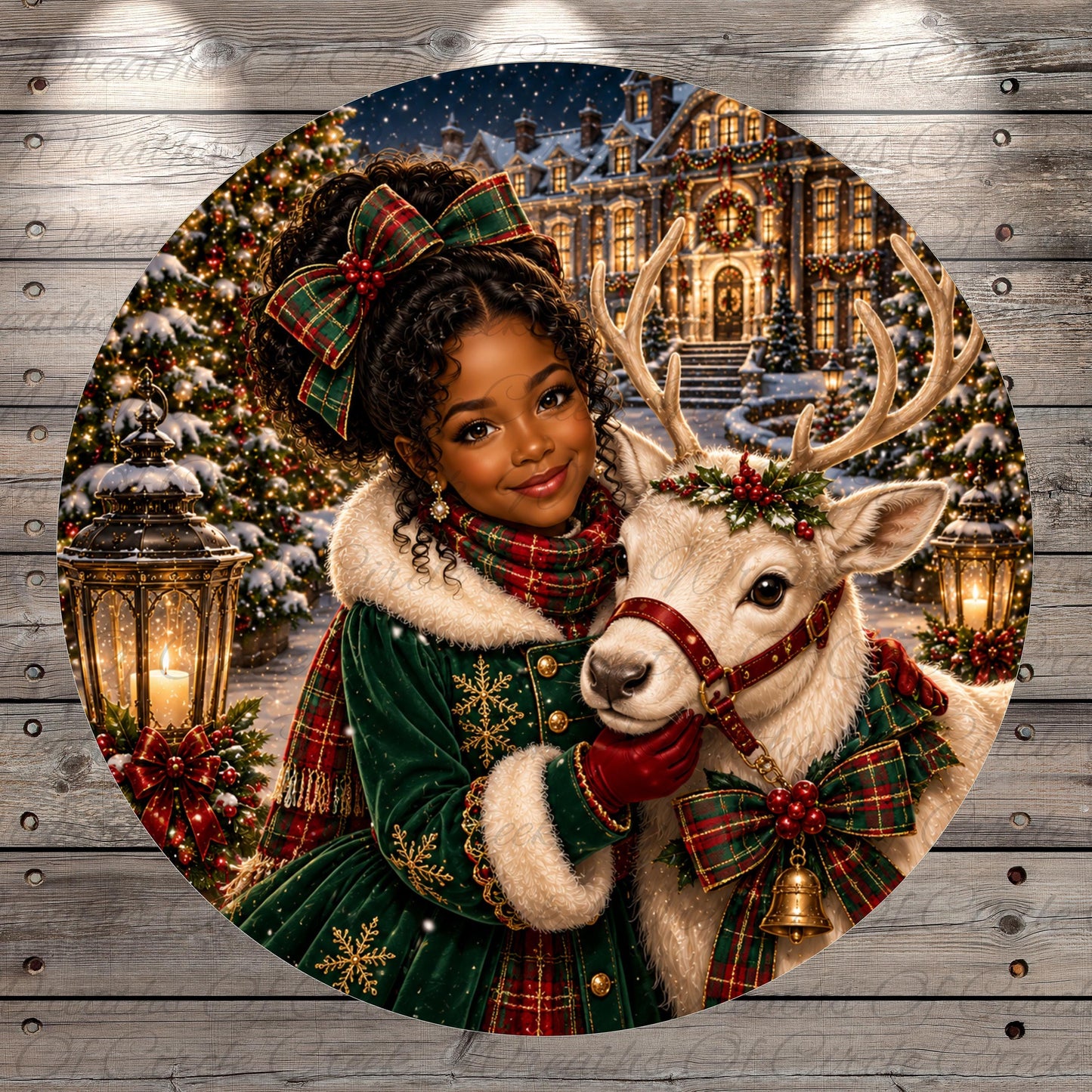A young girl in a green coat and red bow stands next to a white reindeer, with a snowy winter landscape and a building in the background.