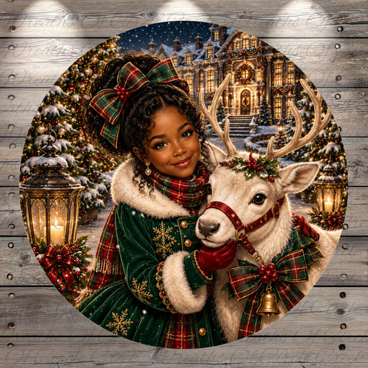 A young girl in a green coat and red bow stands next to a white reindeer, with a snowy winter landscape and a building in the background.
