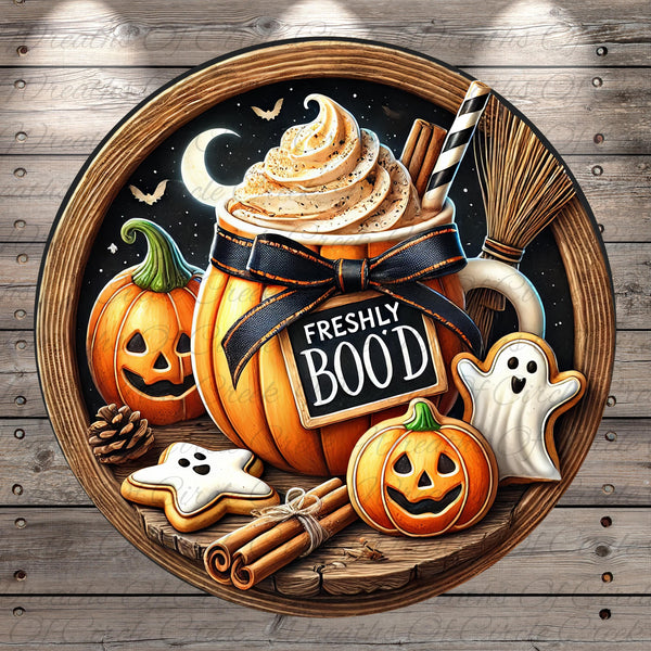 A Halloween-themed illustration featuring a mug of whipped cream, a carved pumpkin, a ghost, a star, cinnamon sticks, and a sign that says "FRESHLY BOOD".