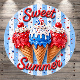 A circular design featuring three colorful ice cream cones with red, white, and blue toppings, surrounded by sprinkles and the text "Sweet Summer" in red.